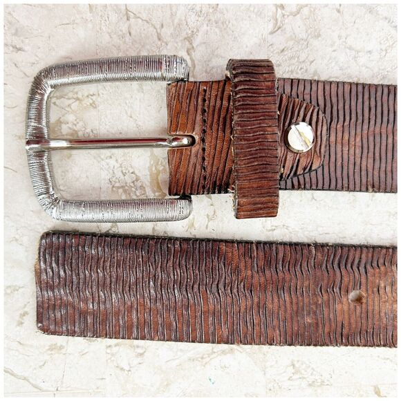 BALDININI Belt S/M Wavy Brown Leather Silver Square Buckle 90cm Made in ITALY - Picture 5 of 13